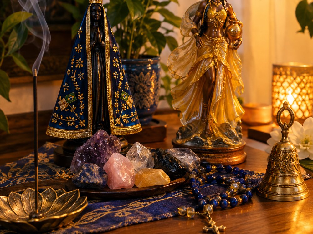 Altar montado com imagens, cristais, terço e incenso aceso
