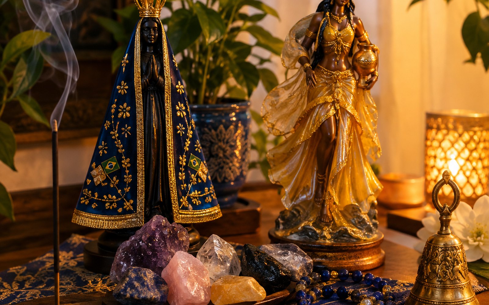 Altar montado com imagem de Nossa Senhora Aparecida, imagem de Oxum, cristais brutos, terço, sineta de bronze e incenso aceso