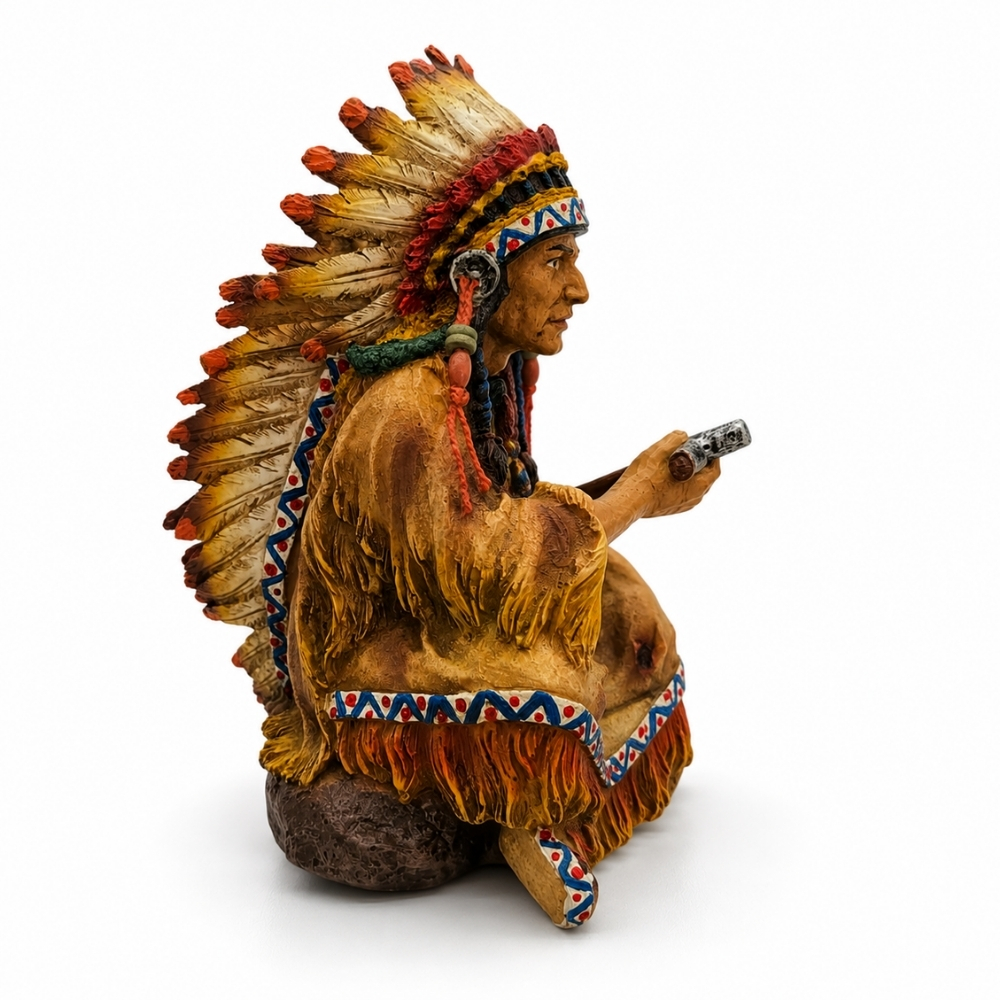 Estátua Índio Cacique com Cachimbo em Resina 19cm Decoração