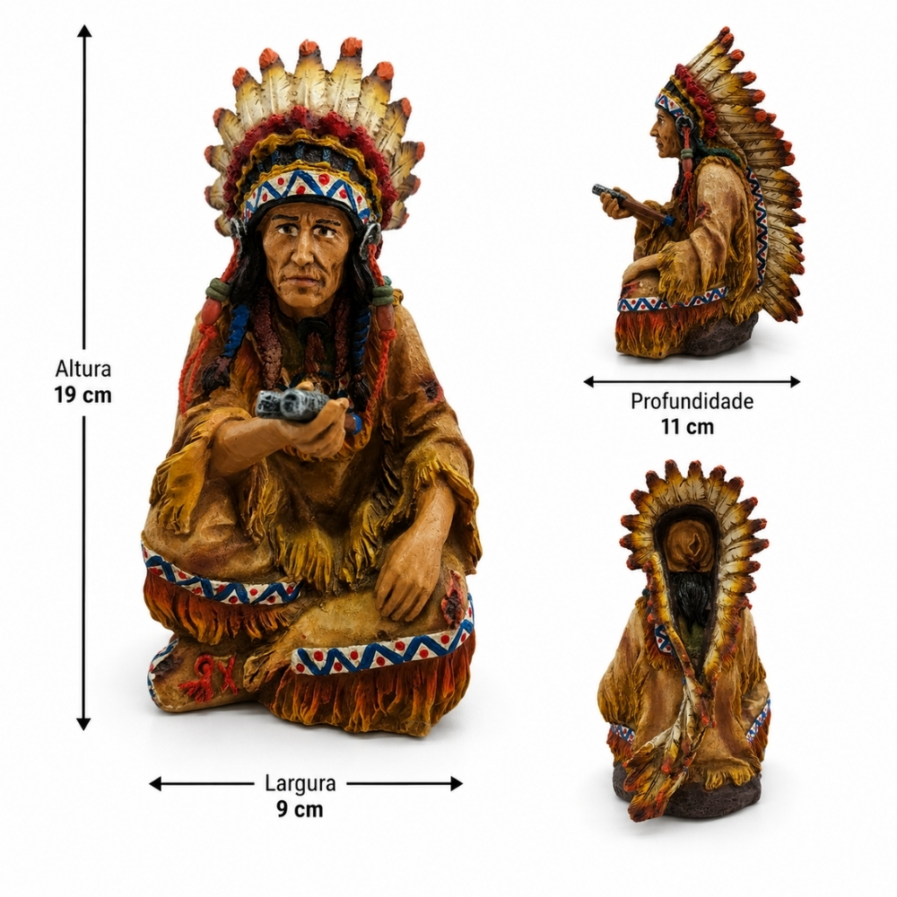 Estátua Índio Cacique com Cachimbo em Resina 19cm Decoração
